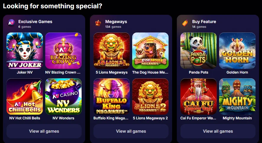 Kategorije biblioteke igara u NV kazinu i istaknute sličice slotova